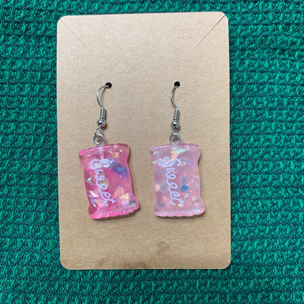 Mismatched pink candy bag earrings